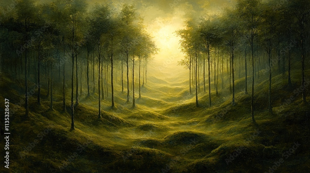 Poster a serene forest landscape illuminated by soft light, creating a tranquil and mystical atmosphere.