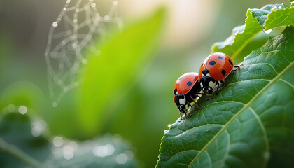 Two ladybugs on a green leaf with dewdrops in soft morning light