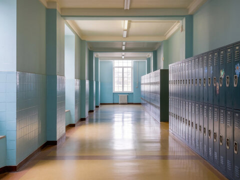 Un pasillo escolar vac&iacute;o con casilleros a un lado
