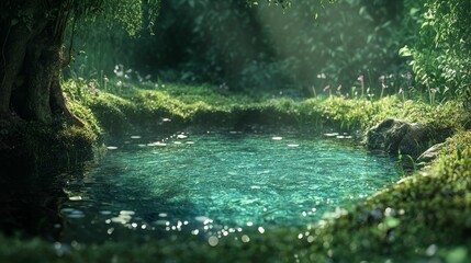 Serene pool, lush greenery, dappled sunlight.