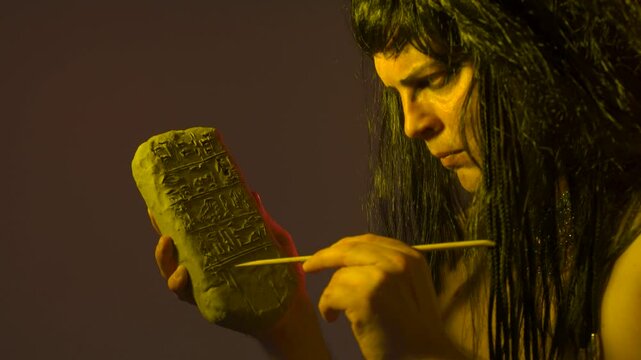 An ancient Egyptian man holds an Egyptian antiquity cuneiform clay tablet in his hands and writes ancient writings