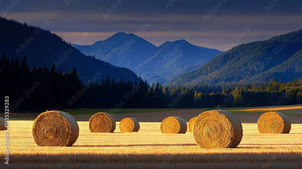 Aufkleber a field with bales of hay in the foreground and a mountain range in the background is visible in the