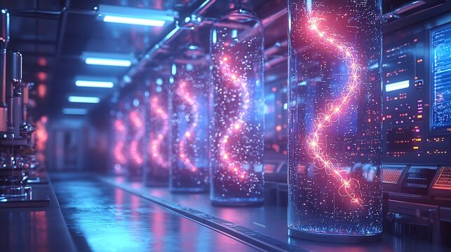 Futuristic Laboratory with Glowing Holographic DNA Strands Symbolizing Advanced Genetic Research
