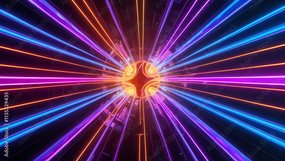 Poster neon glow tunnel: abstract vibrant neon lights converge in a dynamic tunnel, creating a mesmerizing 