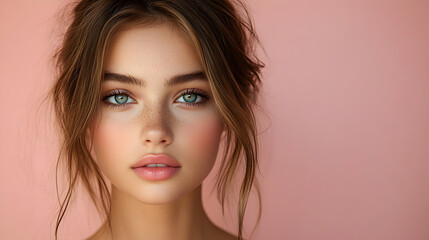 Beautiful Woman  Freckles  Green Eyes  Pink Background  Portrait