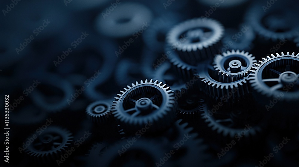 Poster a collection of gears arranged together on a dark background with a hazy depiction of them