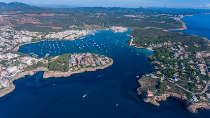 Aerial view of the entrance to Portcolom Bay on the island of Mallorca.