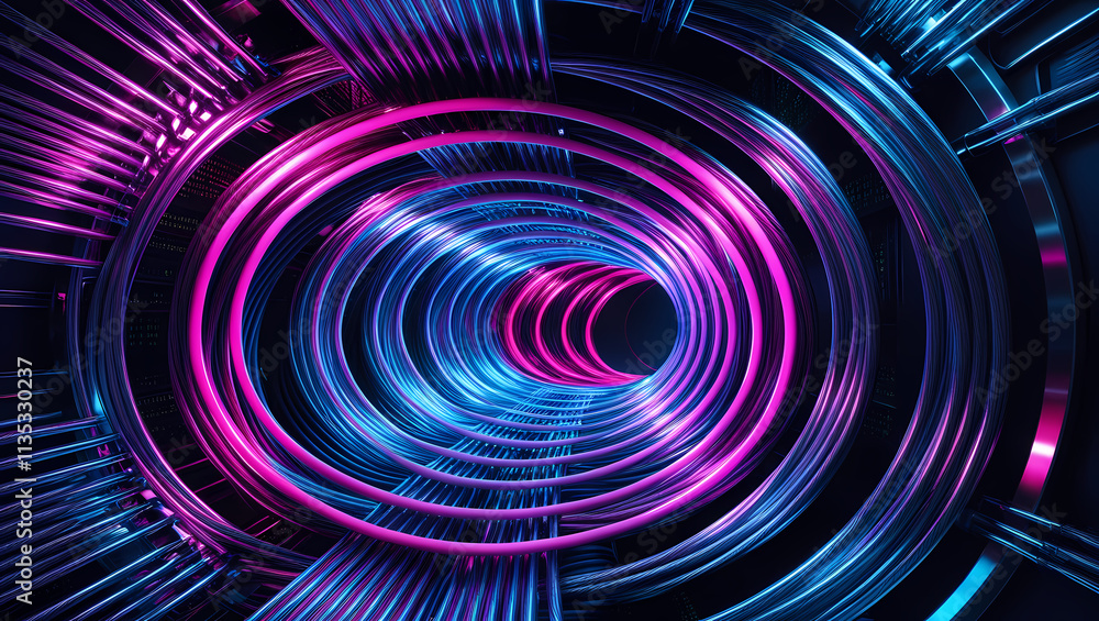 Poster neon rings tunnel: abstract digital art of a mesmerizing tunnel composed of glowing neon pink and bl