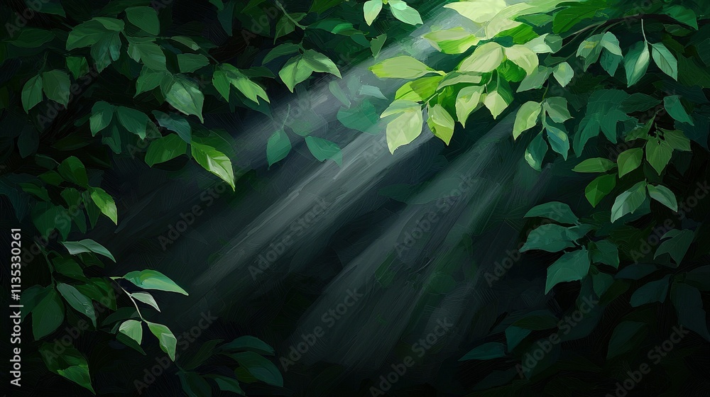 Poster a painting of sunlight filtering through the foliage of a tree in a dark forest with beams of light 