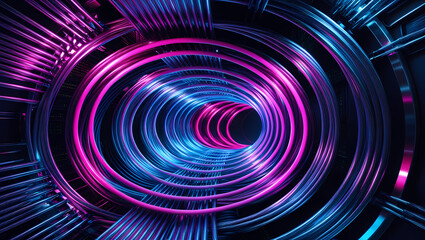 Neon Rings Tunnel: Abstract digital art of a mesmerizing tunnel composed of glowing neon pink and blue rings, creating a futuristic and dynamic visual experience.