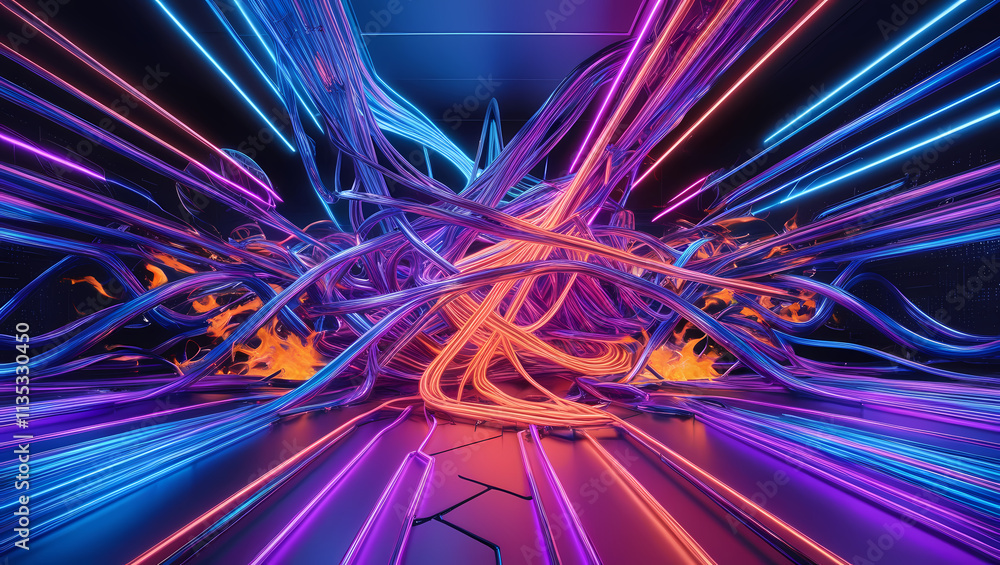 Poster neon dreamscape: abstract 3d render of vibrant, intertwined neon tubes, creating a dynamic and energ