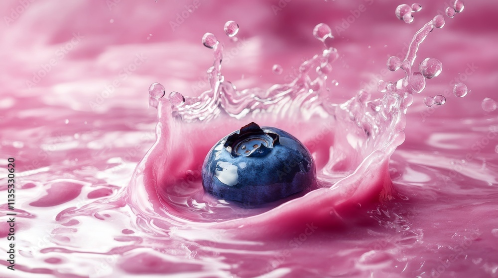 Aufkleber vibrant close-up of a single blueberry splashing into pink liquid, creating dynamic ripples and drop