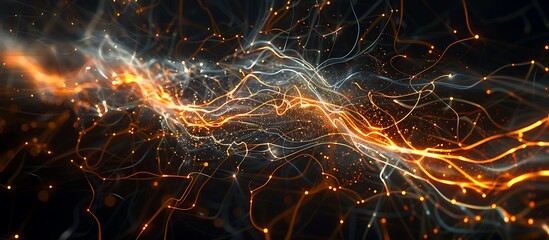 Pulsing electric currents, abstract glowing lines intersecting and dancing on a dark backdrop, capturing energy in motion.