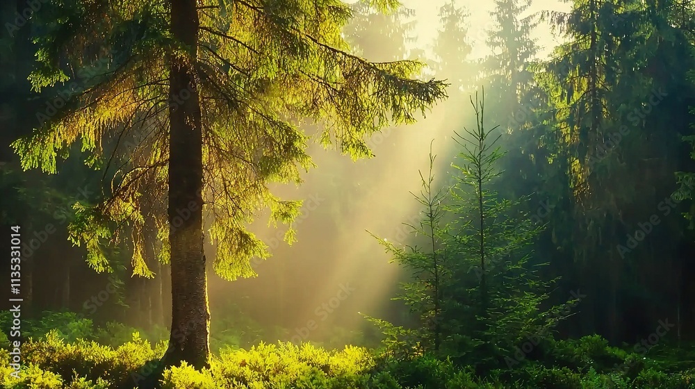 Poster sunlight filters through green grass and towering evergreen trees in a lush forest setting