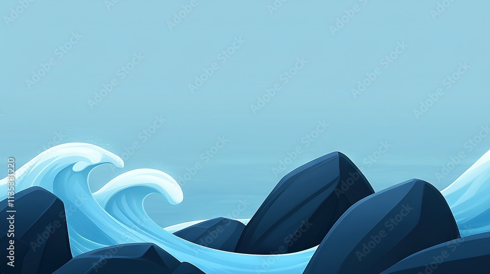 Poster an ocean scene with rocks and waves in the foreground and a blue sky with white clouds in the backgr