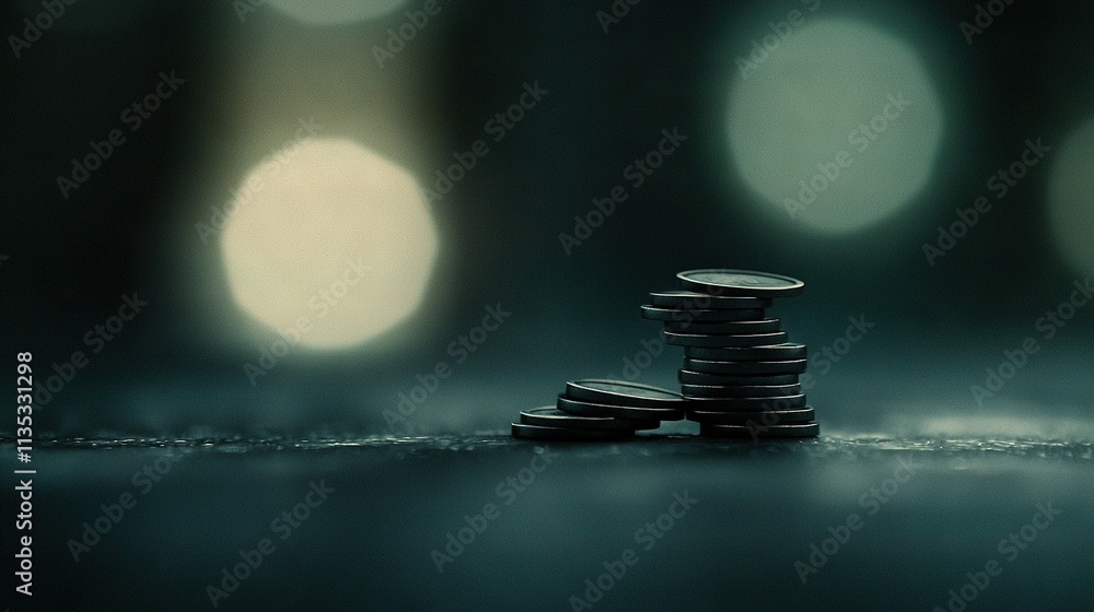 Poster a stack of black coins rests on a table beside a hazy photo of distant lights