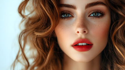 Fototapeta premium Beautiful Woman Red Lips Curly Hair Closeup Portrait