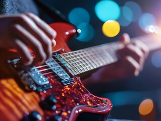 Close-up of a guitarist playing an electric guitar with colorful lights.