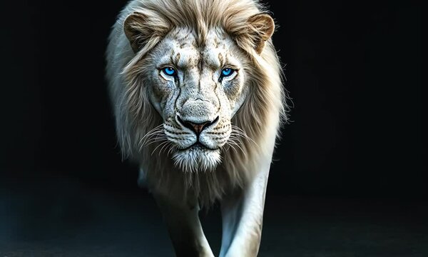 Majestic White Lion with Striking Blue Eyes, Approaching