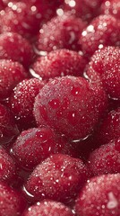 Close-up of glistening raspberries in liquid, showcasing freshness and texture.