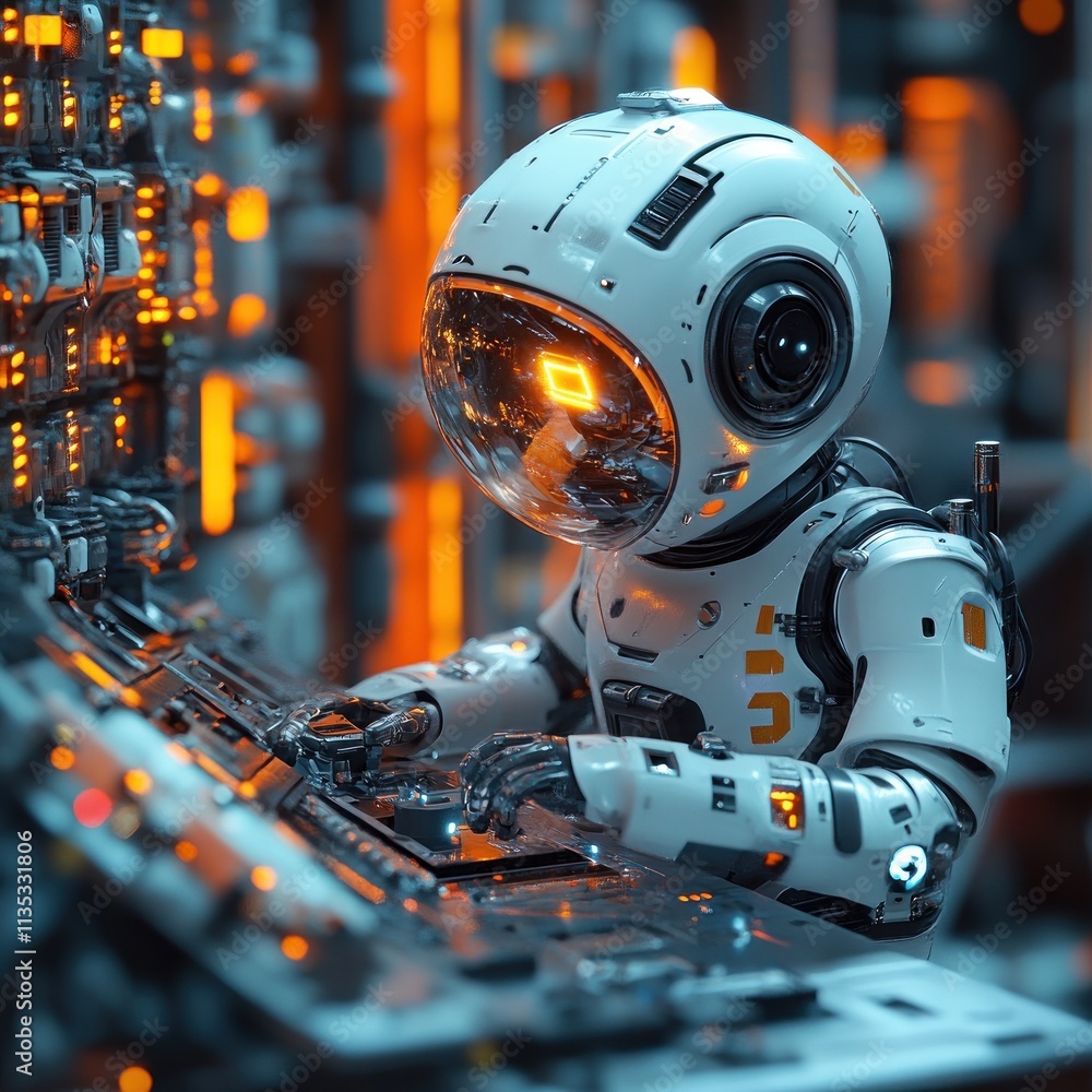 Aufkleber a futuristic robot in a high-tech environment, interacting with control panels.
