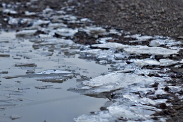 Pokruszona tafla lodu na kałuży