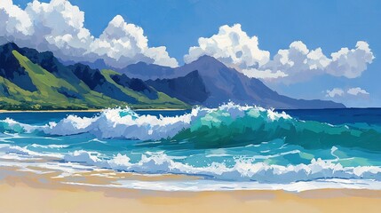Naklejka premium A painting depicts a beach, wave approaching, and distant mountain with cloudy sky