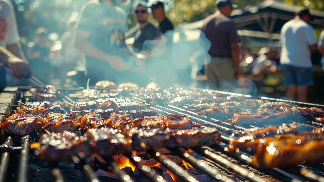 Blurry scene of a largescale barbecue cookoff with competitors and judges buzzing around in the background.