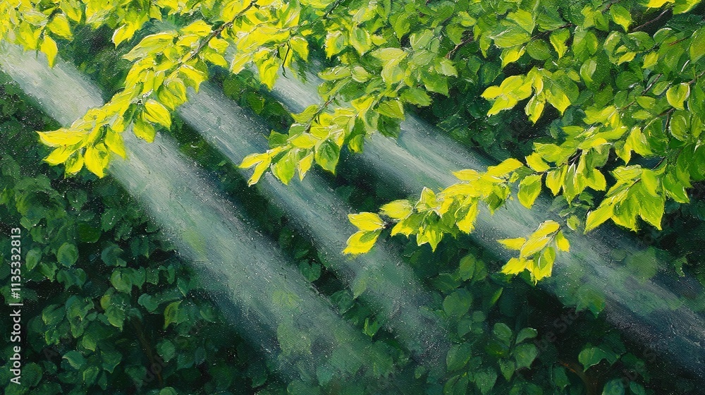 Poster a vibrant depiction of sunlight filtering through tree foliage in a verdant meadow, with an array of