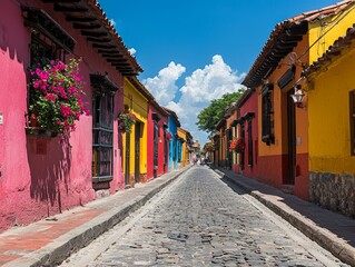 Obraz premium Colorful cobblestone street lined with vibrant buildings and flowers.