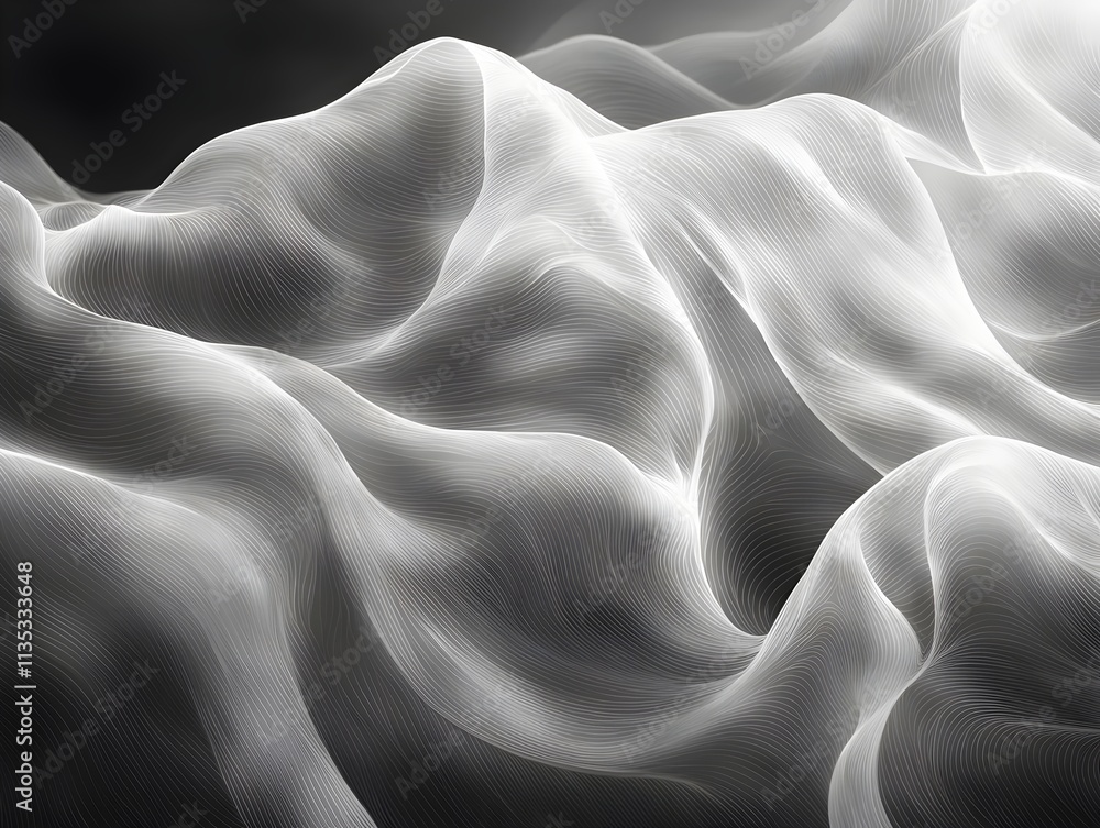 Poster an abstract composition of flowing lines creating a sense of movement and depth, with shades of whit