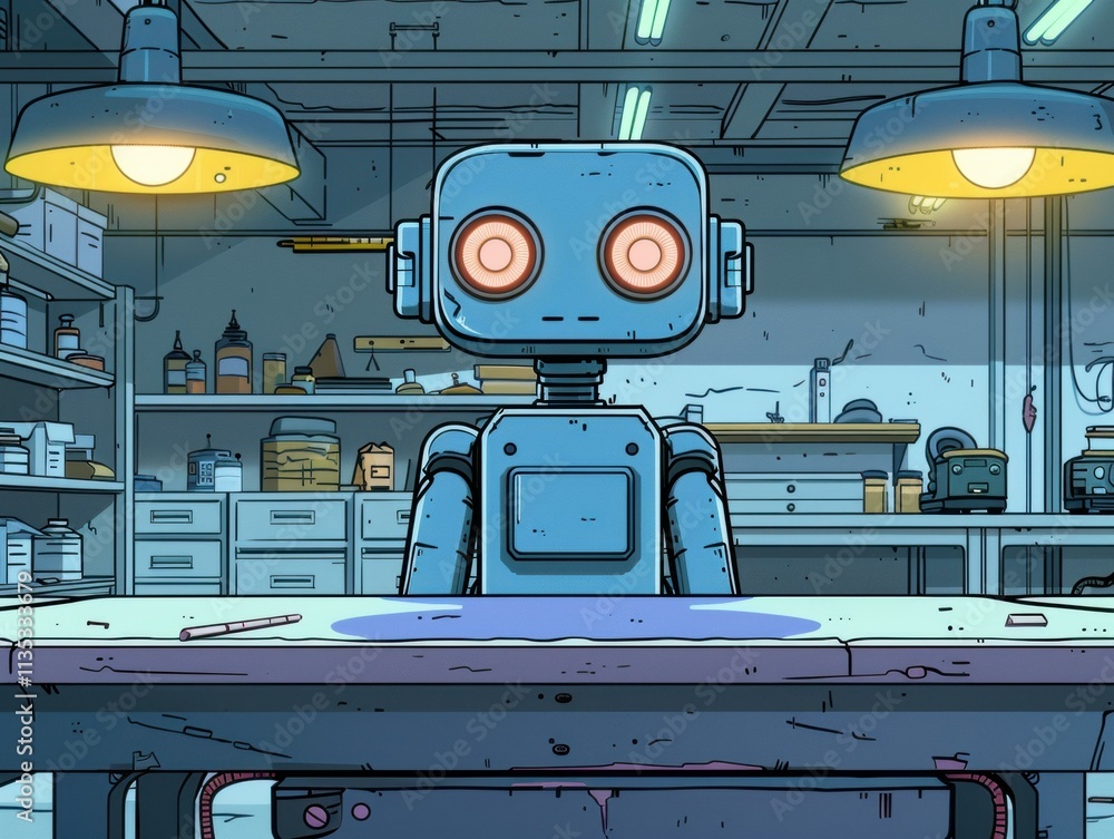 Aufkleber a robot sits at a workbench in a workshop. ai.