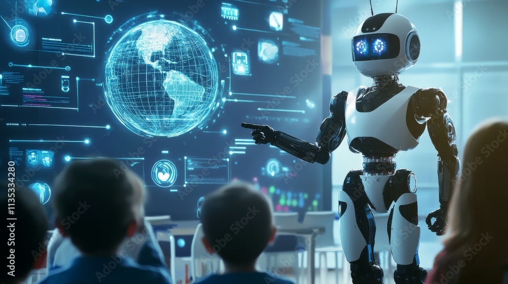 Poster a humanoid robot stands before a group of children, presenting data on a large holographic screen. t