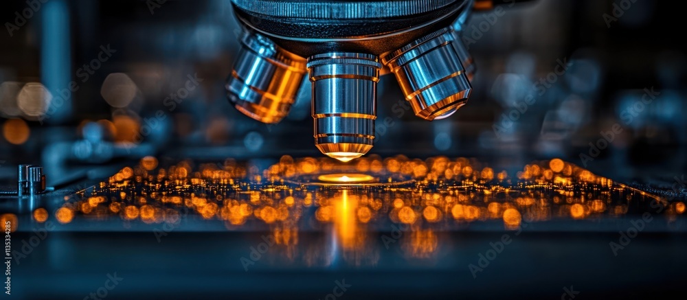 Poster microscope focused on illuminated sample.