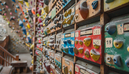 indoor climbing gym wall organized like a library, librarian in thick glasses obsessively adjusting color-coded climbing holds with numbered labels