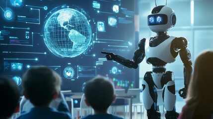 A humanoid robot stands before a group of children, presenting data on a large holographic screen. The scene illustrates futuristic education and AI-assisted learning in a classroom.. AI Generation