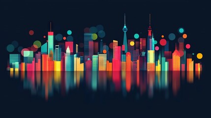   Cityscape at night with bright lights on water in foreground and tall structures in background