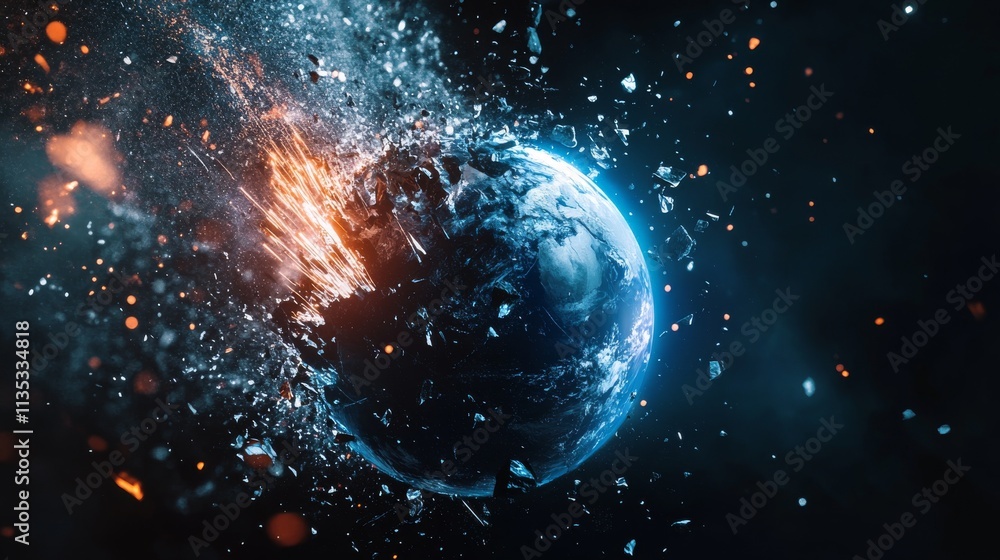 Poster a dynamic portrayal of earth breaking apart in space, accompanied by a fiery explosion. the vibrant 