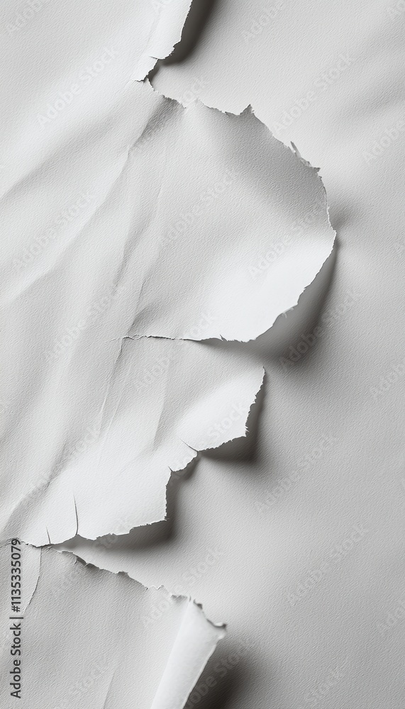 Poster textured white parchment with torn edges on soft gray background for versatile design use