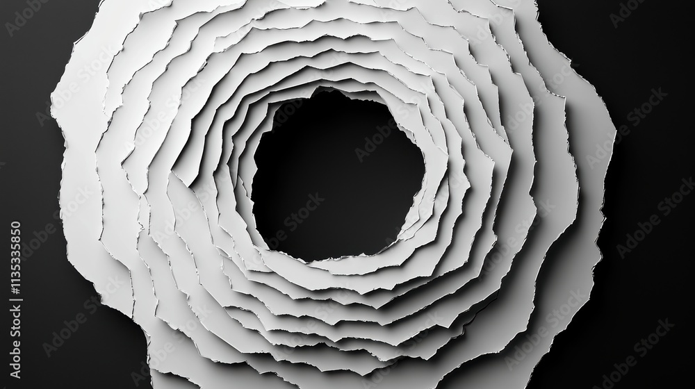 Aufkleber abstract circular pattern of torn white paper layers on black for modern design visuals
