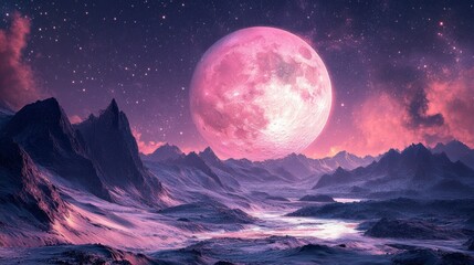 A captivating surreal landscape featuring a vivid pink moon illuminating rugged alien mountains under a starlit sky. Perfect for fantasy, sci-fi, or creative projects.. AI Generation