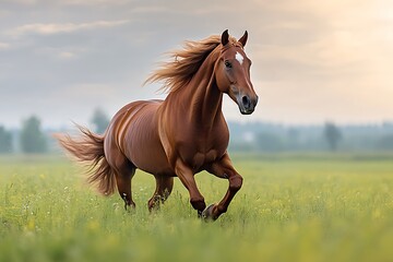 Obraz premium Brown horse running across bright green field flowing mane vibrant summer nature