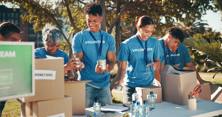 Nature, friends and group of volunteers with boxes for help, goals and donation at charity event....