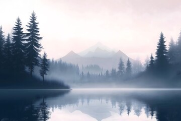 Misty landscape with fir forest in hipster vintage retro style