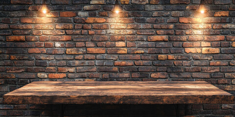 A rustic wooden table is illuminated by warm lights, positioned in front of a textured brick wall. The cozy ambiance suggests a welcoming space, ideal for gatherings or meals.