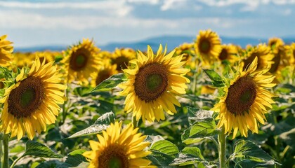 Fototapeta premium Field of Vibrant Sunflowers Swaying in Gentle Breeze Under Soft Afternoon Light