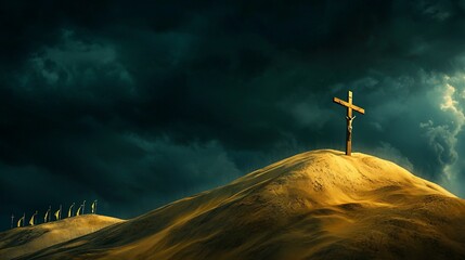 Dramatic cross on hilltop under stormy sky.