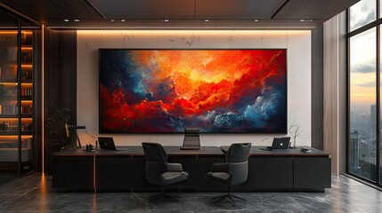 A minimalist workspace with sleek black furniture, white walls, and a vibrant abstract painting as the centerpiece