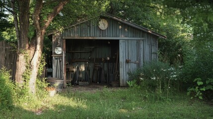 Overgrown shed; tools, clock, weathered wood.