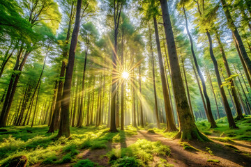 Fototapeta premium Sunlight filtering through dense forest trees in nature.